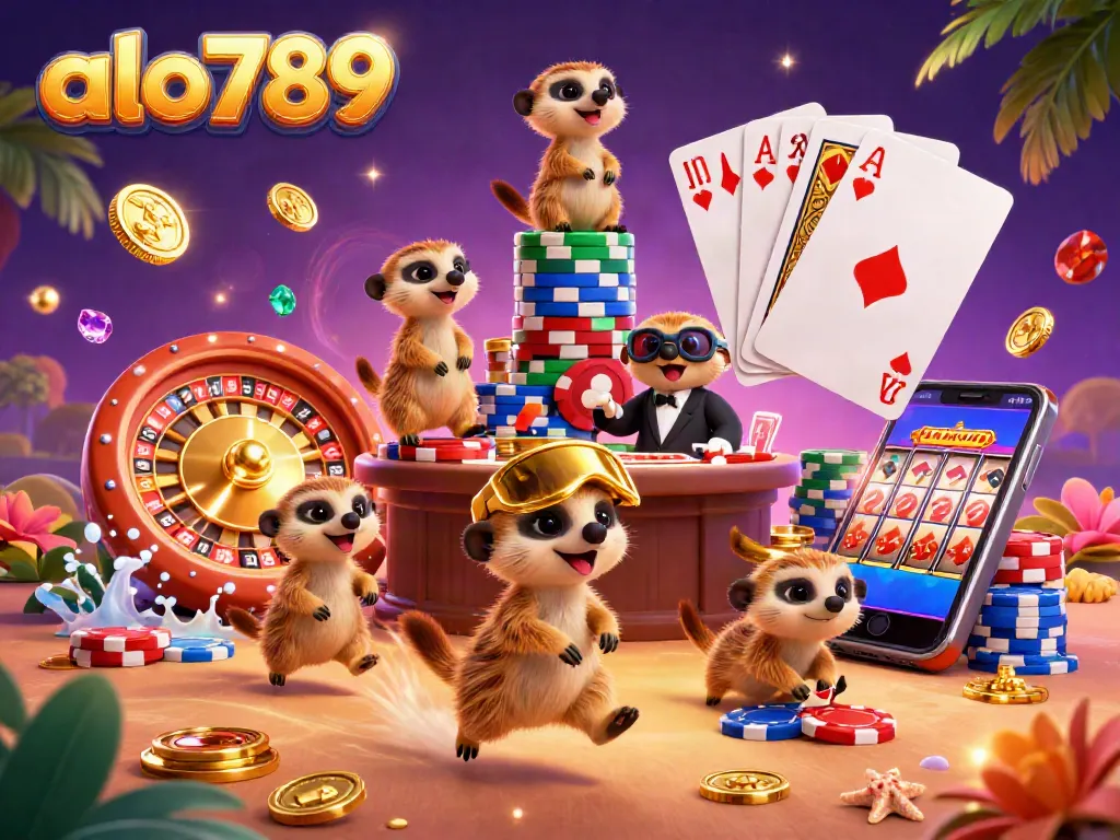 Alo789 captivates players with a whimsical meerkat casino, showcasing live games surrounded by sparkling gems and gold coins.
