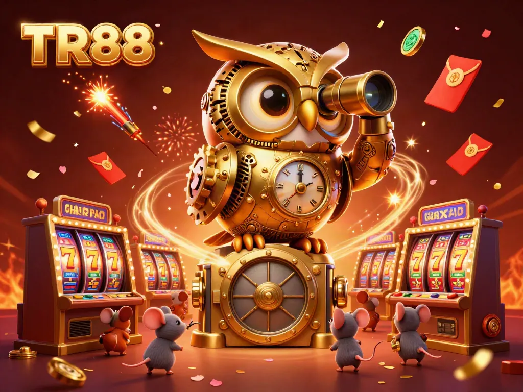 Engaging TR88 casino scene with a golden owl, vibrant slot machines, and festive elements.
