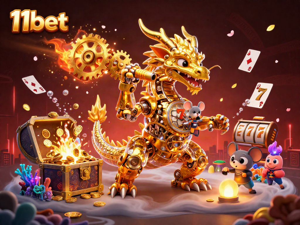 Engage with the thrilling world of 11bet, showcasing a golden dragon breathing gears amidst online casino excitement.