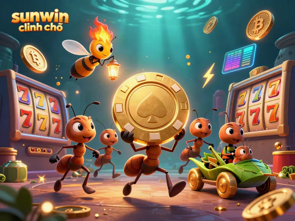 Enjoy the thrilling sunwin chính chủ adventure with ants stealing a giant poker chip amidst spectacular casino elements!