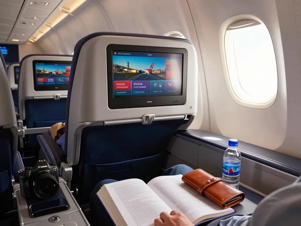 Passenger enjoying comfort on American Airlines 789P with in-flight options and travel guidebook