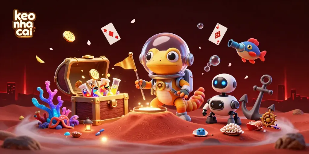 Experience keo nha cai in an exciting cosmic casino scene featuring a Martian gecko and robot sidekick.