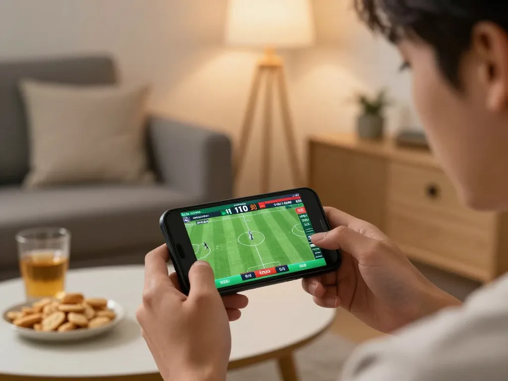 KJC user engaging in live sports betting on smartphone in cozy environment