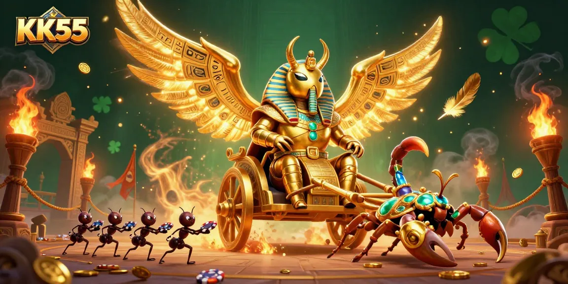 Experience thrilling gameplay with KK55 featuring a majestic golden scarab beetle leading an adventurous gambling scene.