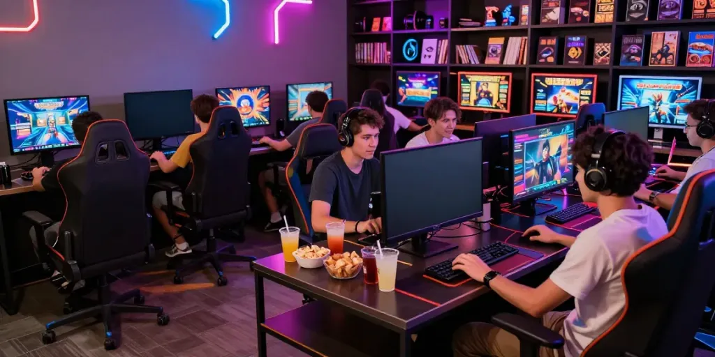 Excited players enjoying slot games in a vibrant online gaming room.