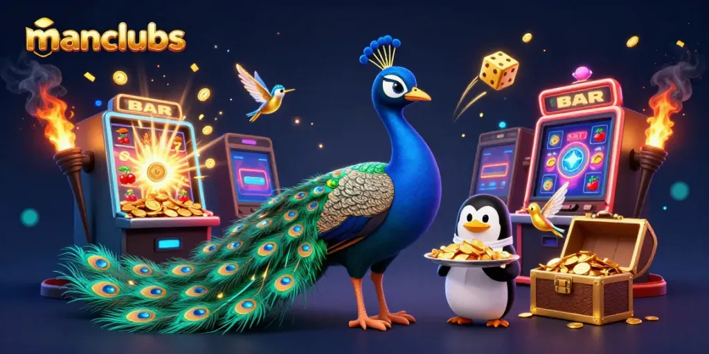 Experience thrilling wins with manclubs in a vibrant 3D casino scene featuring energetic characters and games.