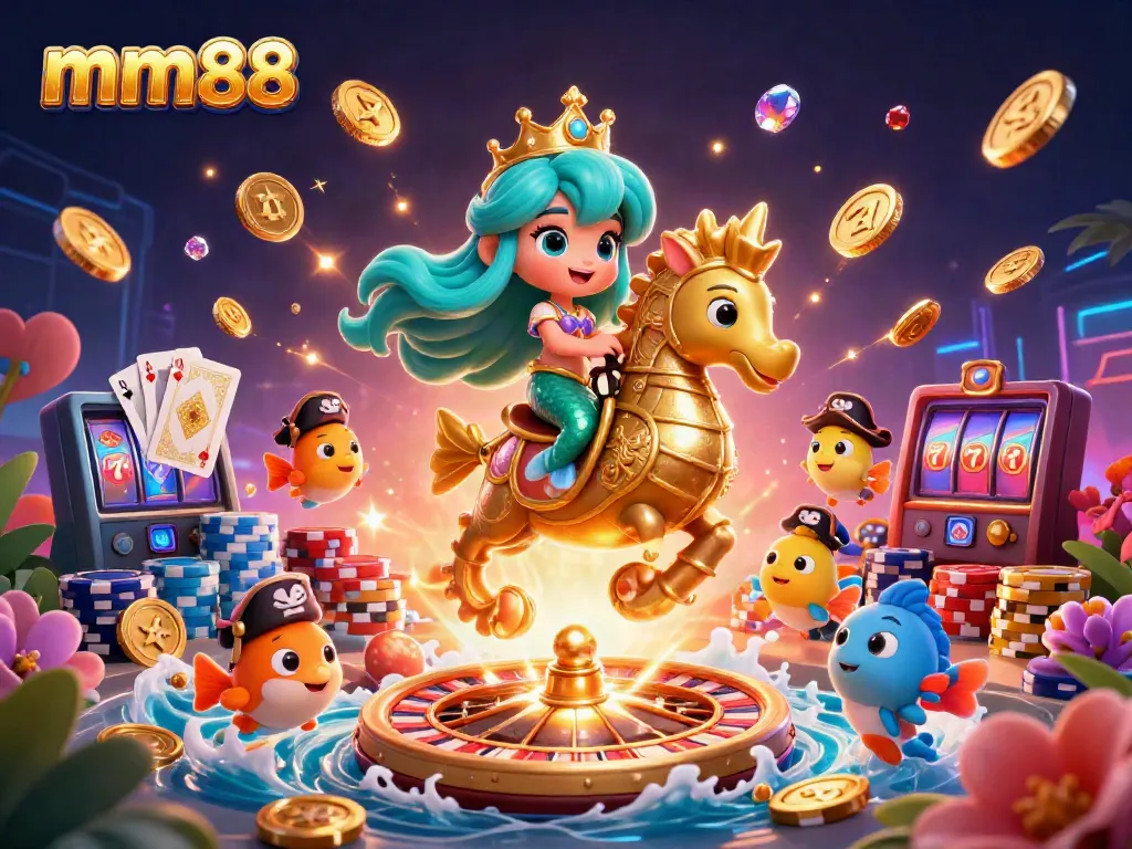 Experience the thrilling mm88 casino world with a vibrant mermaid princess and her seahorse, surrounded by exciting gaming elements.