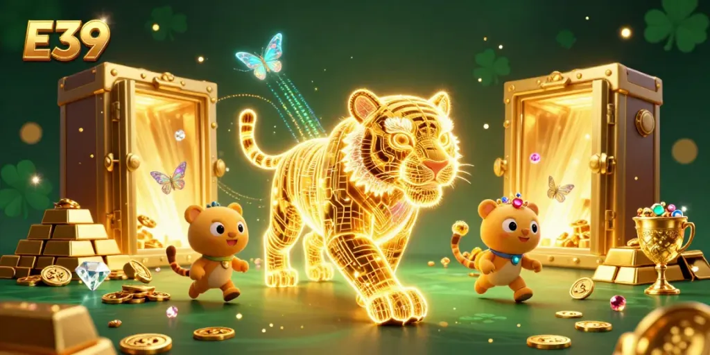 Experience the thrill of E39 as a golden tiger explores a digital casino, surrounded by treasures and holographic butterflies.