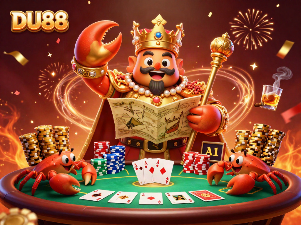 Experience thrilling poker action with DU88's vibrant 3D illustration featuring a golden crab emperor.