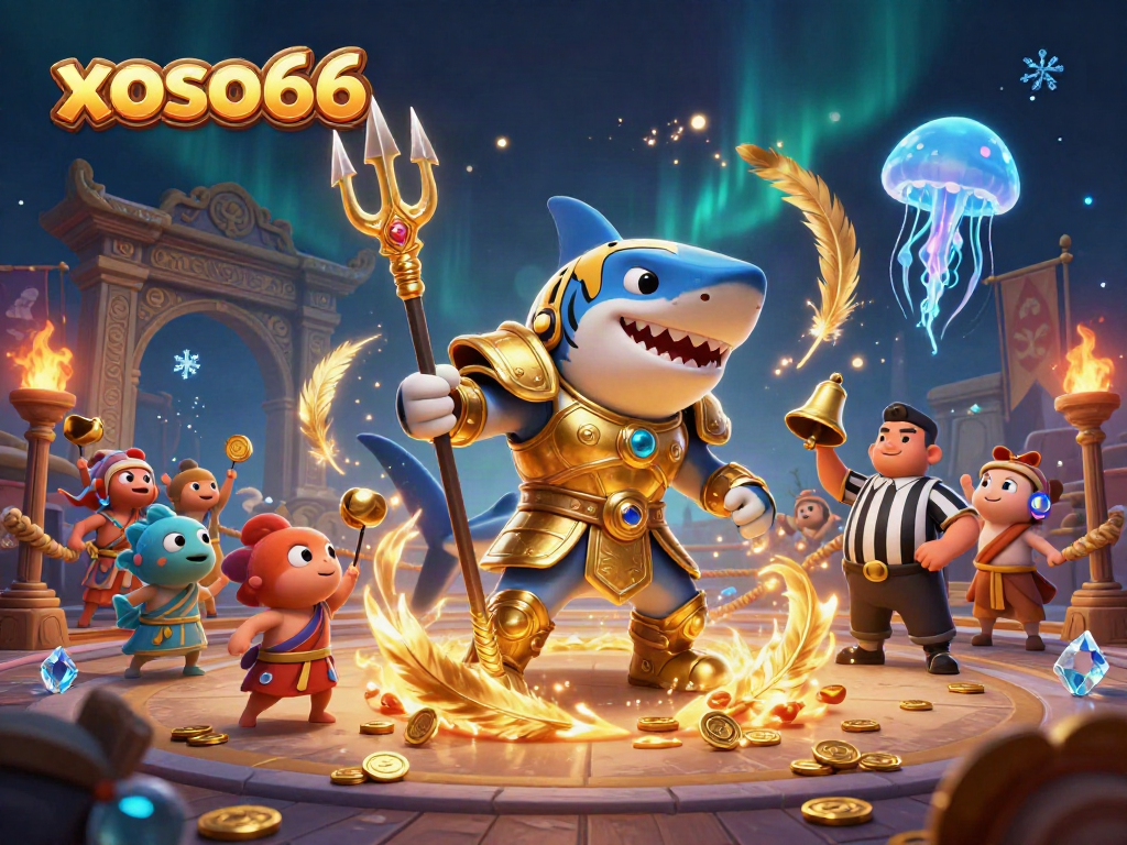 Xoso66 players enjoy thrilling underwater gameplay with a tiger shark in gladiator armor