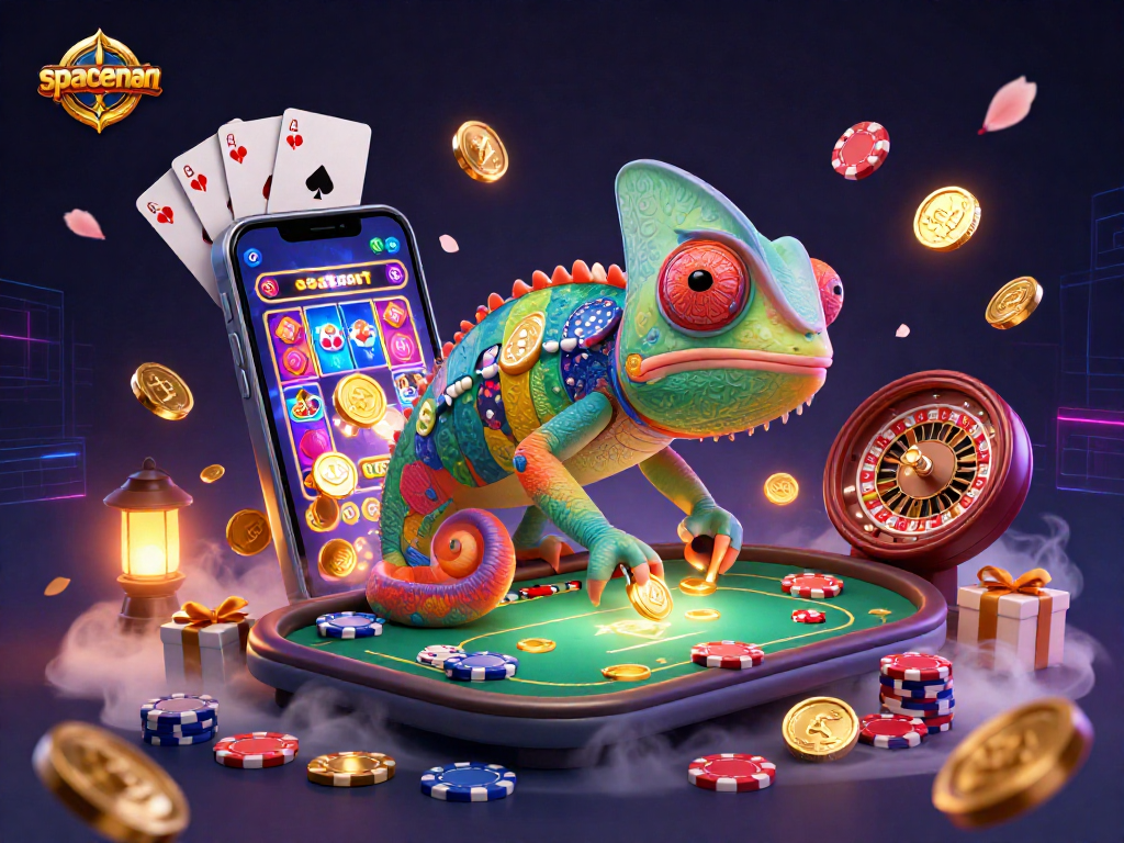 Spaceman chameleon casino owner captivating players with golden coins while showcasing vibrant slot games.