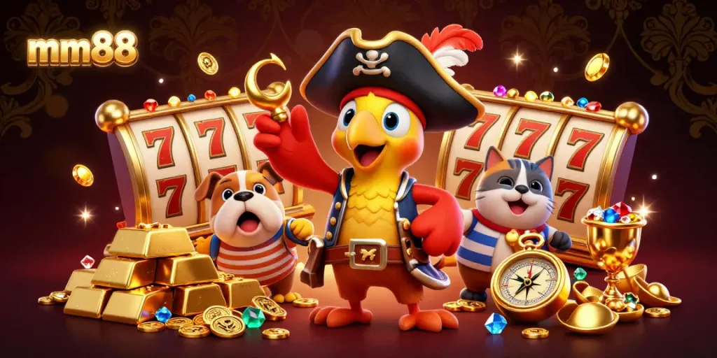 Experience the thrill of mm88 with a pirate captain and gold treasures in this vibrant casino scene.