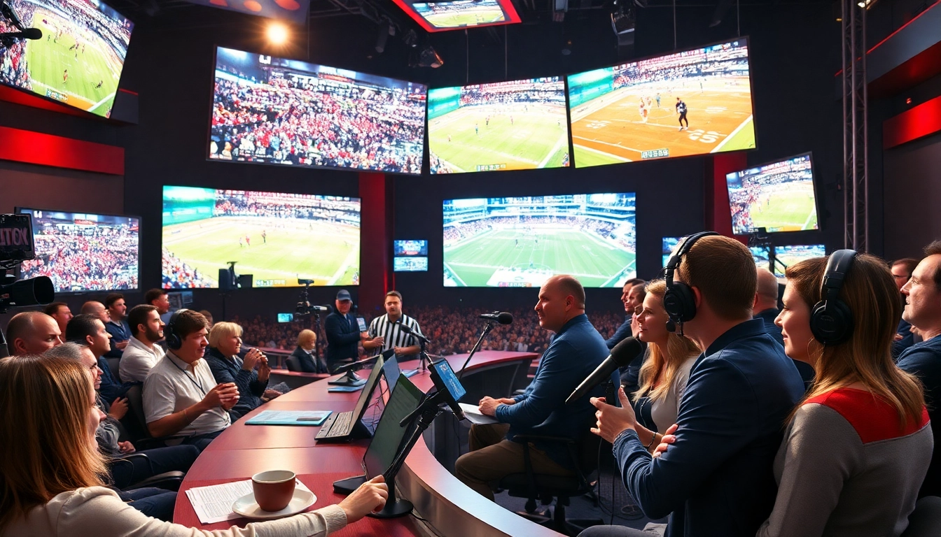 Engaging sports broadcasting scene depicting hosts in a vibrant studio, showcasing live action.