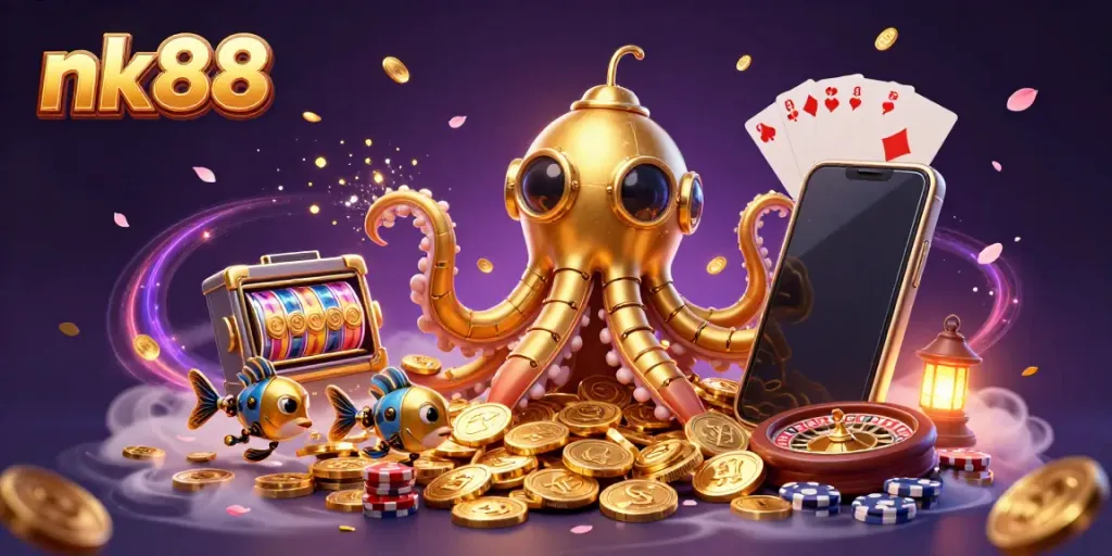 Experience thrilling gaming with nk88 as a golden kraken submarine surfaces among coins, showcasing vibrant slot games.
