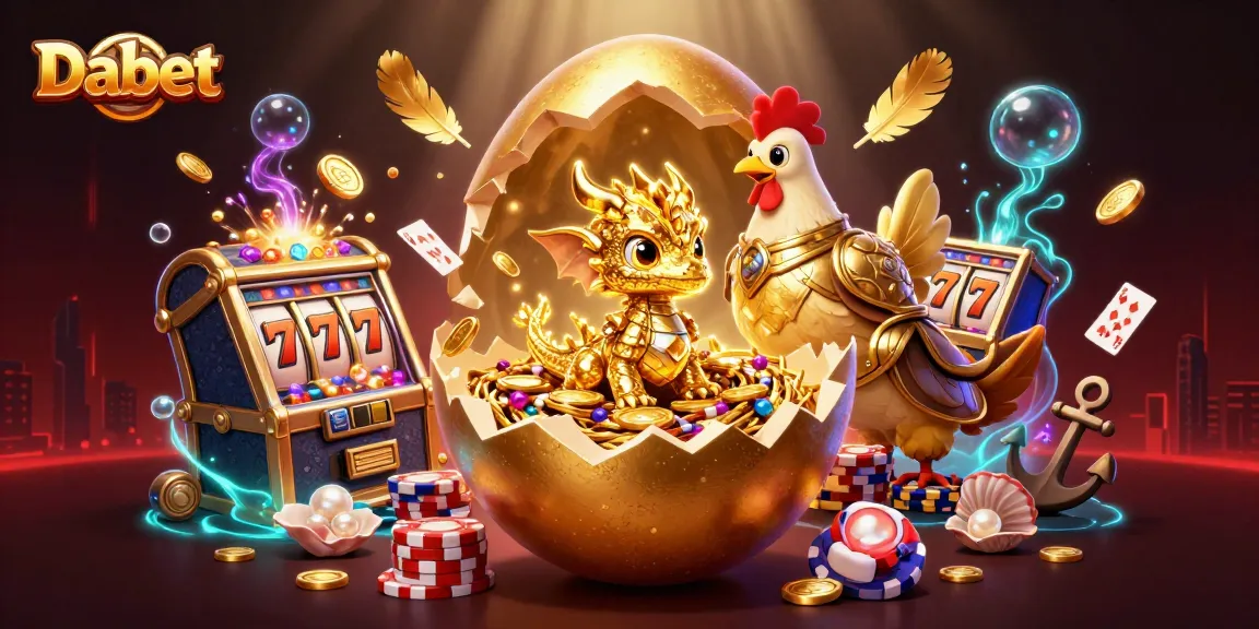 Dabet showcases a vibrant scene with a golden egg, a baby dragon, poker chips, and slot elements exploding with energy.