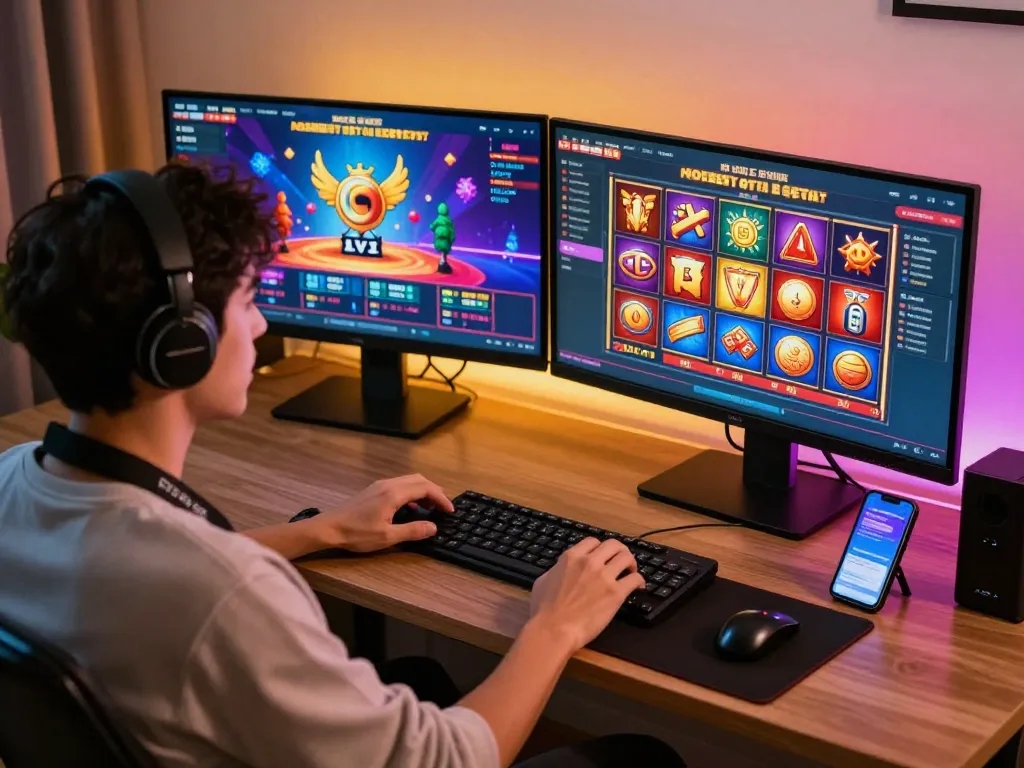 Engaging player at home exploring luck8's online casino games in vibrant gaming setup.