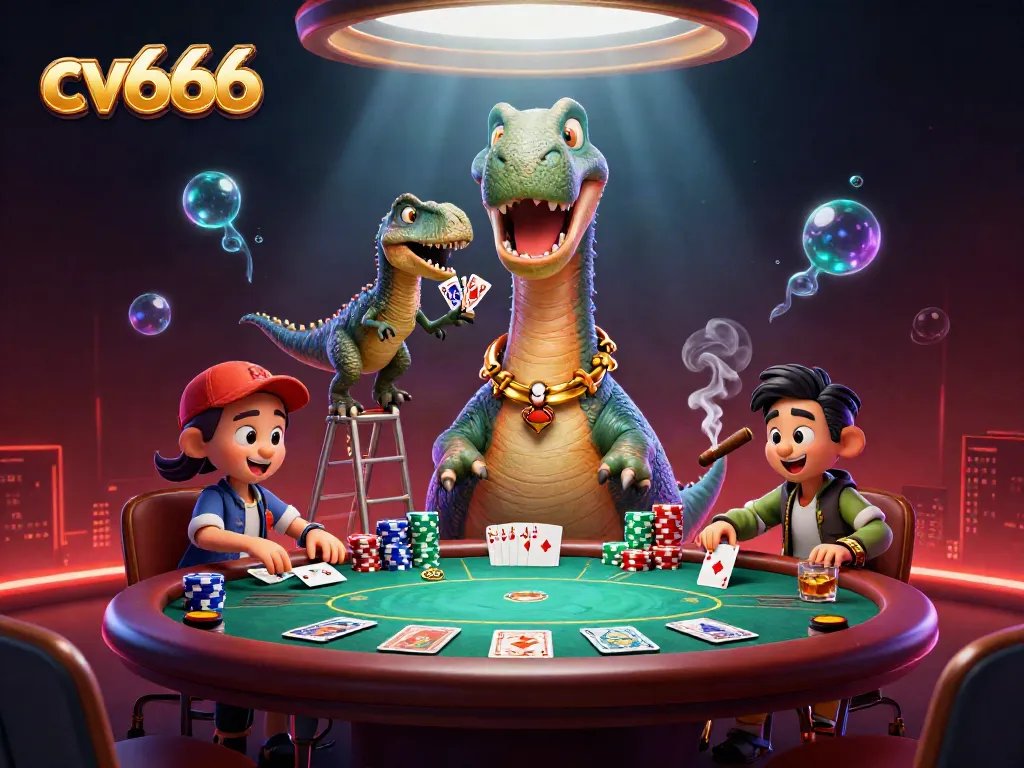 cv666 showcases a towering brontosaurus overseeing a lively poker scene, perfect for gamblers.
