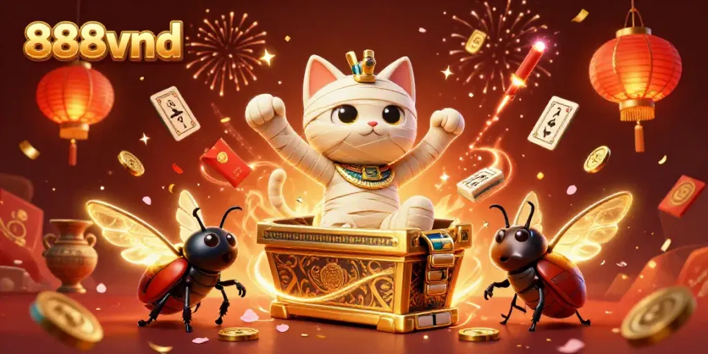 Engaging illustration of 888vnd featuring a mummy cat and a scarab beetle amid a vibrant casino scene.