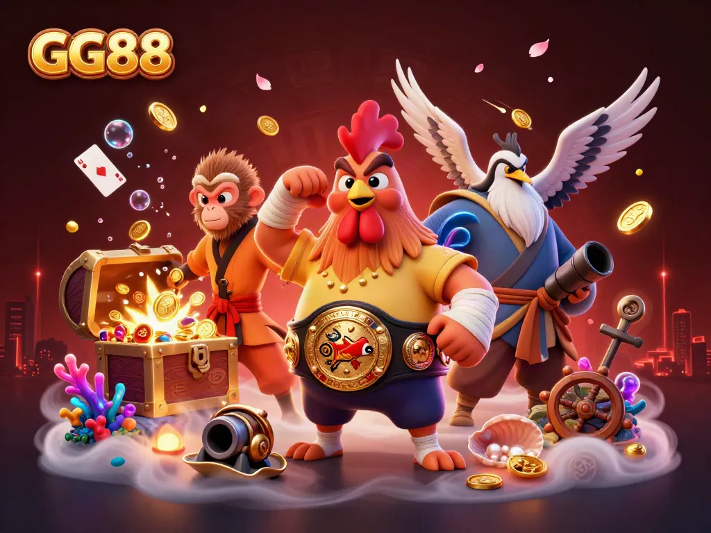 Engage with GG88, a vibrant 3D casino illustration featuring dynamic characters and gaming elements.