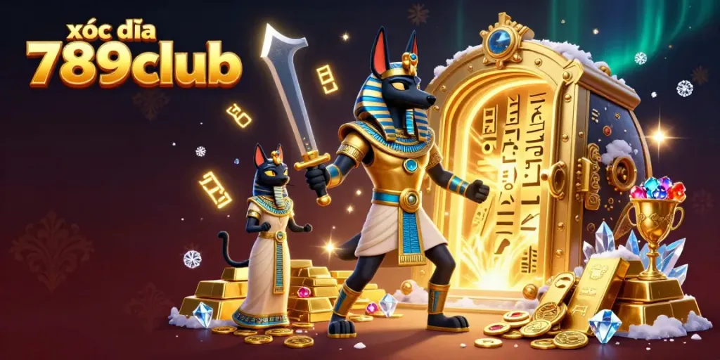 Engage in thrilling gameplay of xóc đĩa 789club amidst treasures and characters in an ancient Egyptian casino.