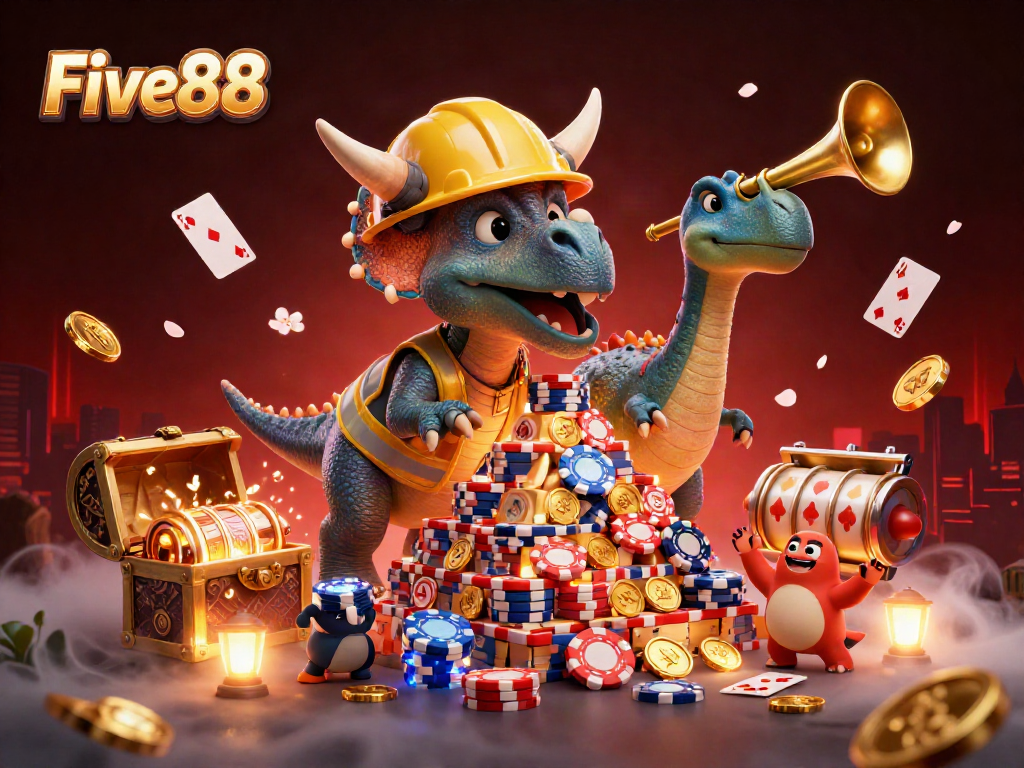Five88's exciting casino atmosphere features a triceratops building poker chips, celebrating with games and treasures.