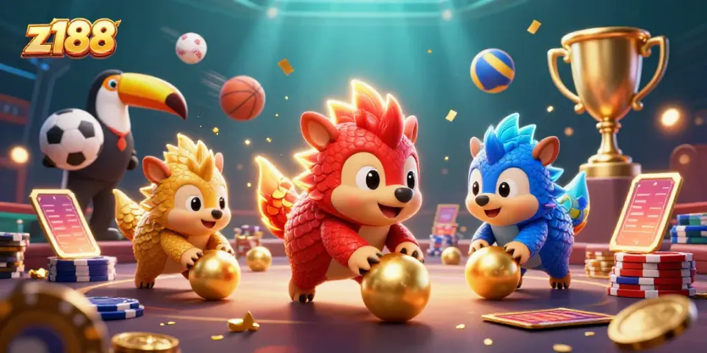 An exciting z188 illustration depicting rival pangolins rolling through poker chips in a vibrant casino atmosphere.