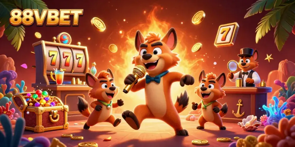Experience the vibrant energy of 88VBET with a lively comedic casino scene featuring hyenas.
