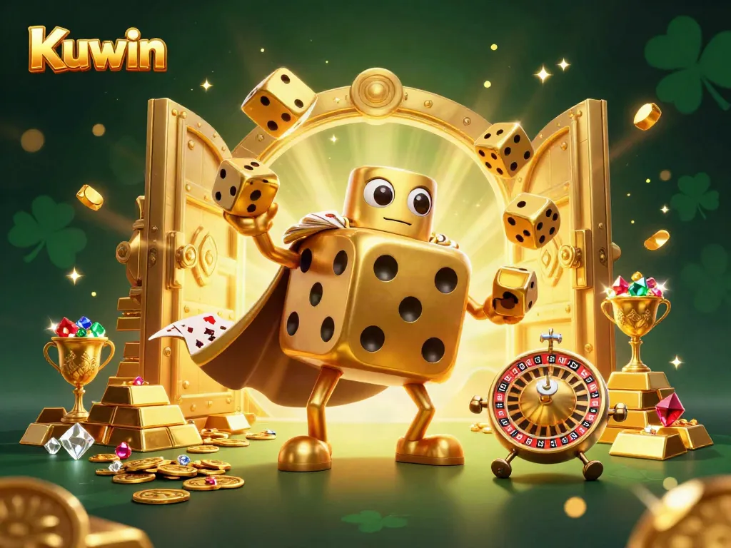 Experience the thrilling action of Kuwin with a dynamic 3D casino scene featuring magical dice and treasure.