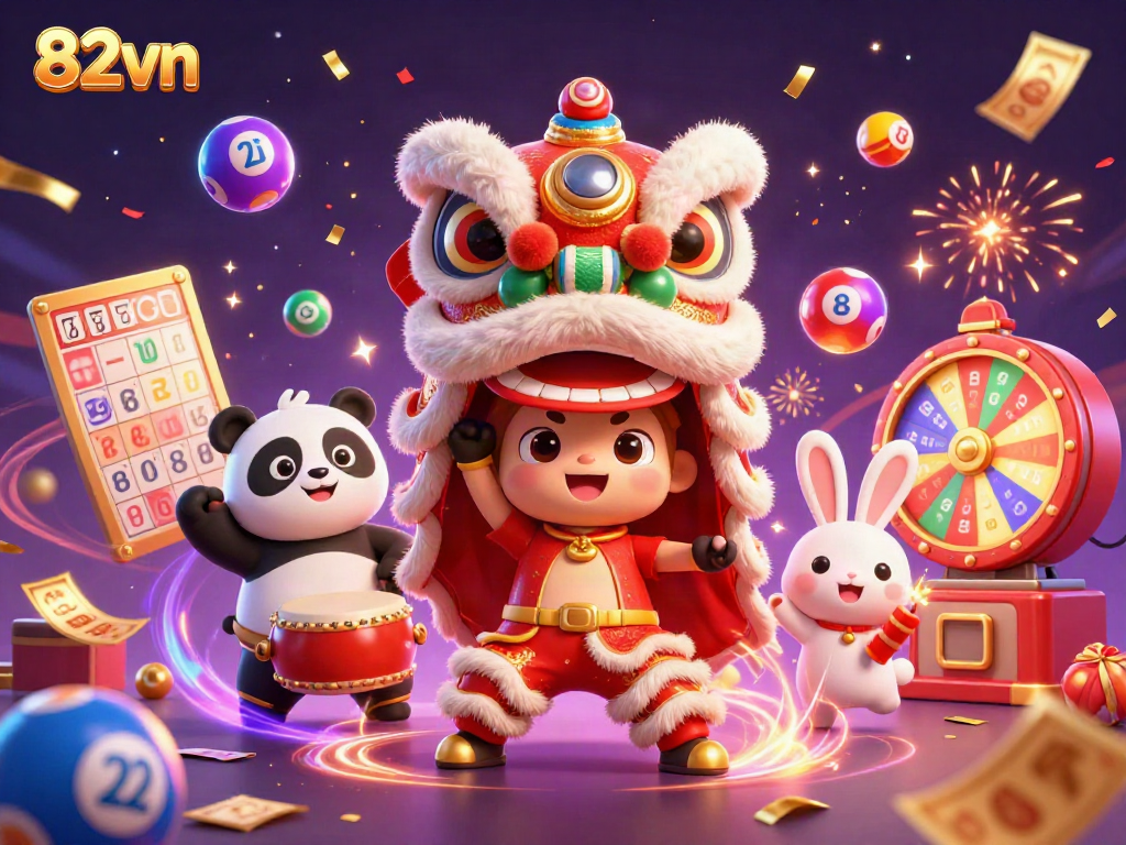 Celebrate wins with 82vn's vibrant lottery-themed 3D illustration featuring lively characters.