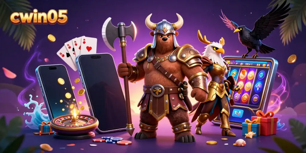 Engage with cwin05 in an exciting casino scene featuring a Viking bear and eagle amidst dynamic gaming elements.
