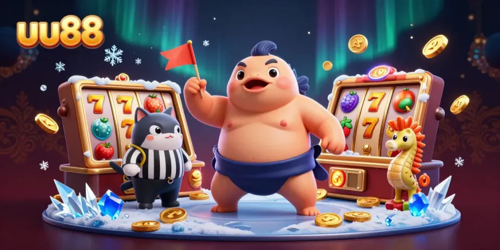Experience excitement at uu88 with a dynamic casino illustration featuring vibrant slot elements and a cartoon fugu.