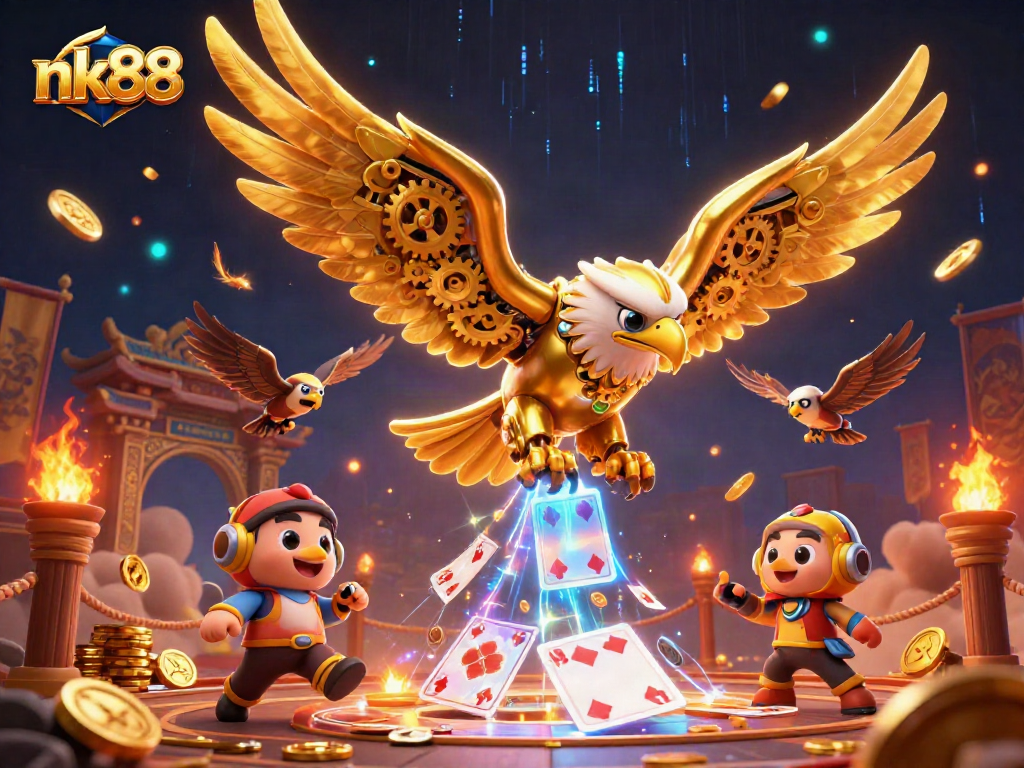 Experience thrilling gameplay with nk88, featuring a golden eagle among holographic cards and dynamic casino elements.
