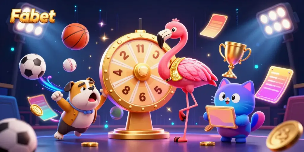Spin to win with Fabet in this vibrant 3D game show scene full of excitement and prizes.