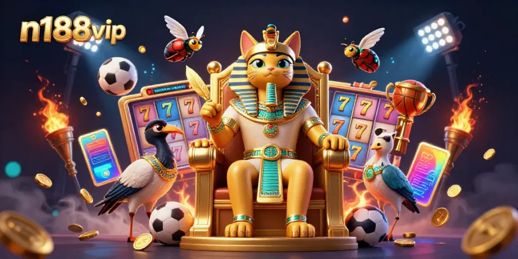 Experience thrilling games with n188vip's pharaoh cat and dynamic casino elements in a vibrant 3D scene.