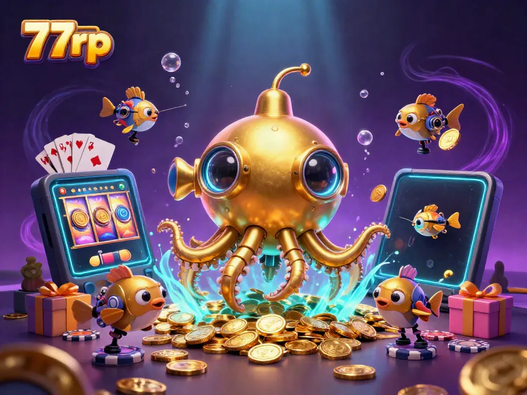 77rp immerses players in a golden treasure-filled adventure with a kraken submarine and slot games.