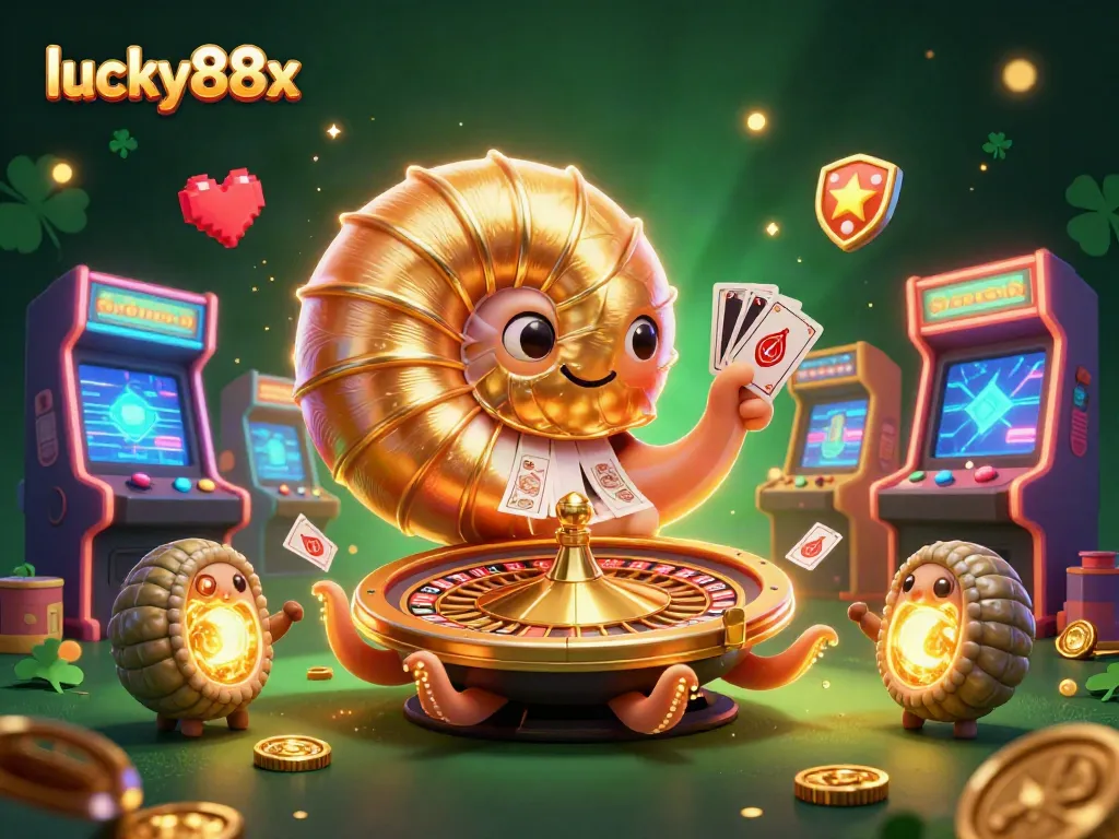Engage with lucky88x in this vibrant 3D casino scene featuring roulette and glowing game elements.