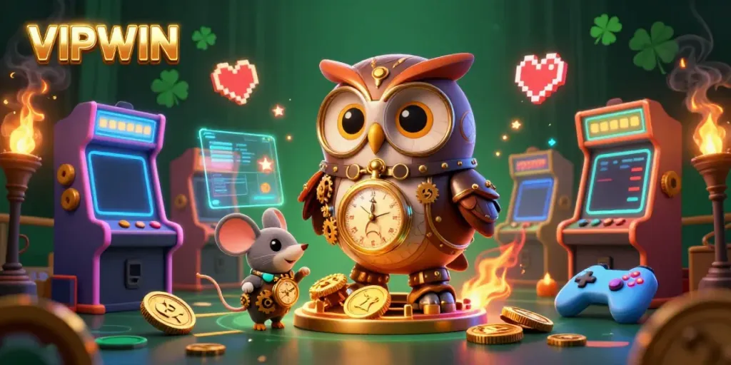 Engage with VIPWIN's vibrant game scene featuring a steampunk owl, clockwork mouse, and neon arcade elements.