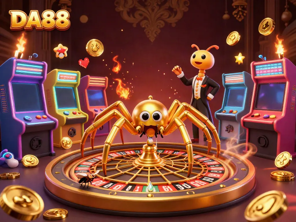 Experience DA88 with a golden spider and croupier in a vibrant casino scene.
