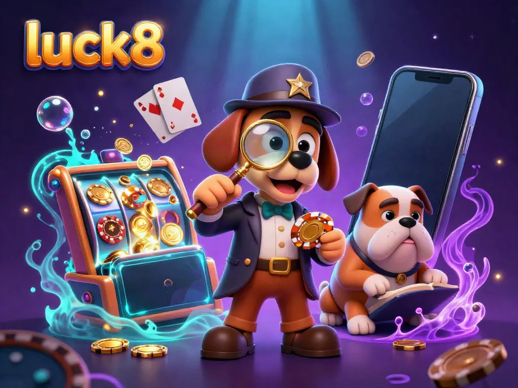 Explore the thrilling luck8 experience with a playful detective and dog uncovering secrets of a casino.