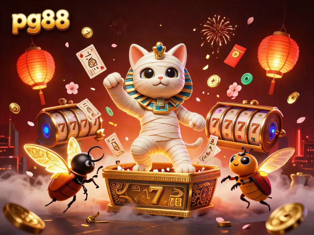 Win big with pg88's exciting casino atmosphere featuring a mummy cat and golden treasures!