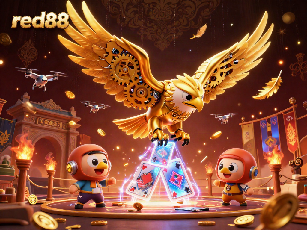 red88 offers a mesmerizing dive into casino thrills with a vibrant 3D eagle soaring through holographic cards.