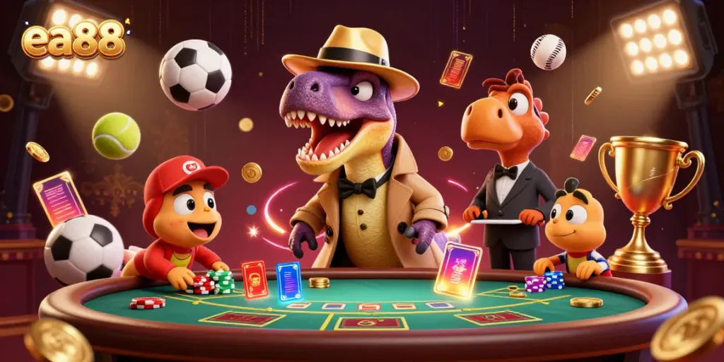 Experience the excitement of ea88 with a cartoon velociraptor at a blackjack table.