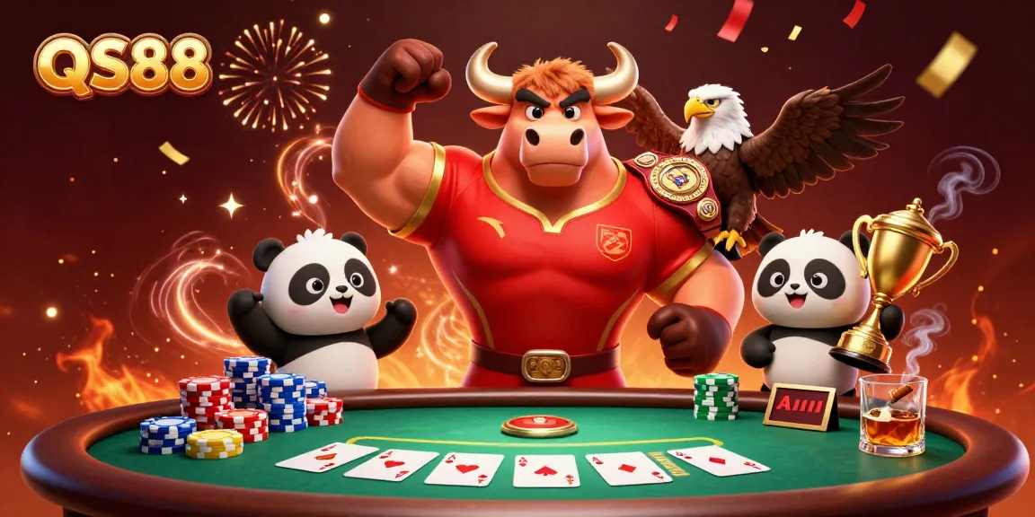 Experience victory with QS88, featuring a bull mascot and friends at a vibrant poker scene.
