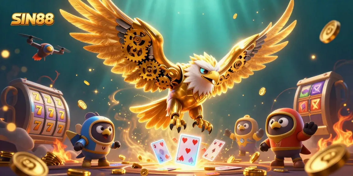 SIN88 delivers thrilling gameplay with a cybernetic eagle diving through holographic cards at an online casino.