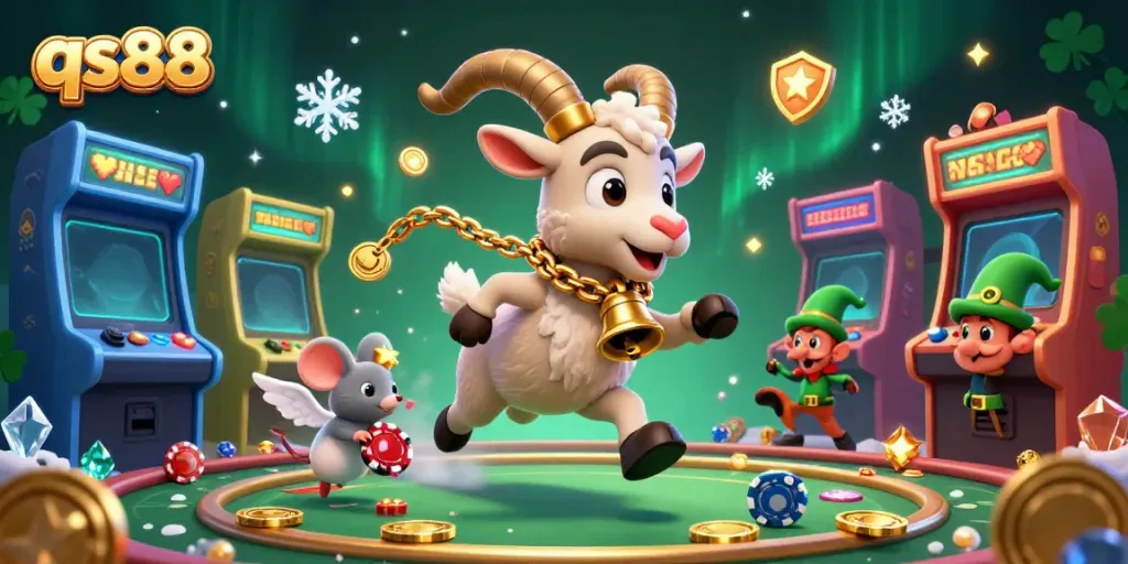 Join the fun at qs88 casino with our characters in a lively gaming scene full of excitement and action.