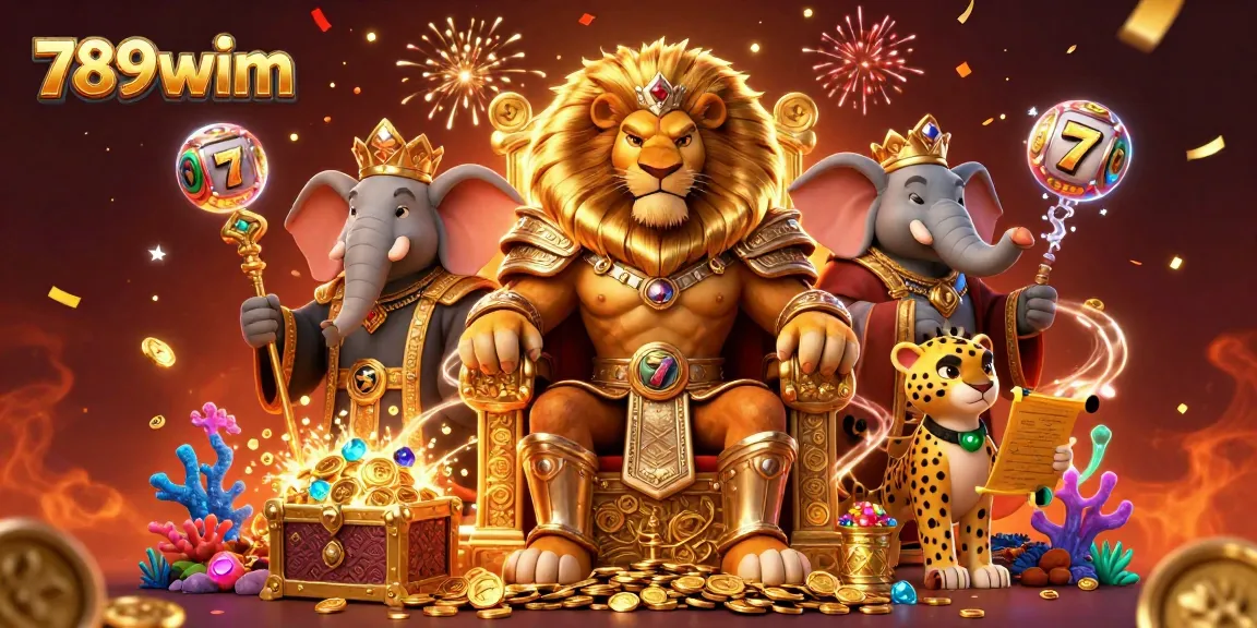 Experience the thrill of winning at 789wim's vibrant casino with a lion king on its throne.