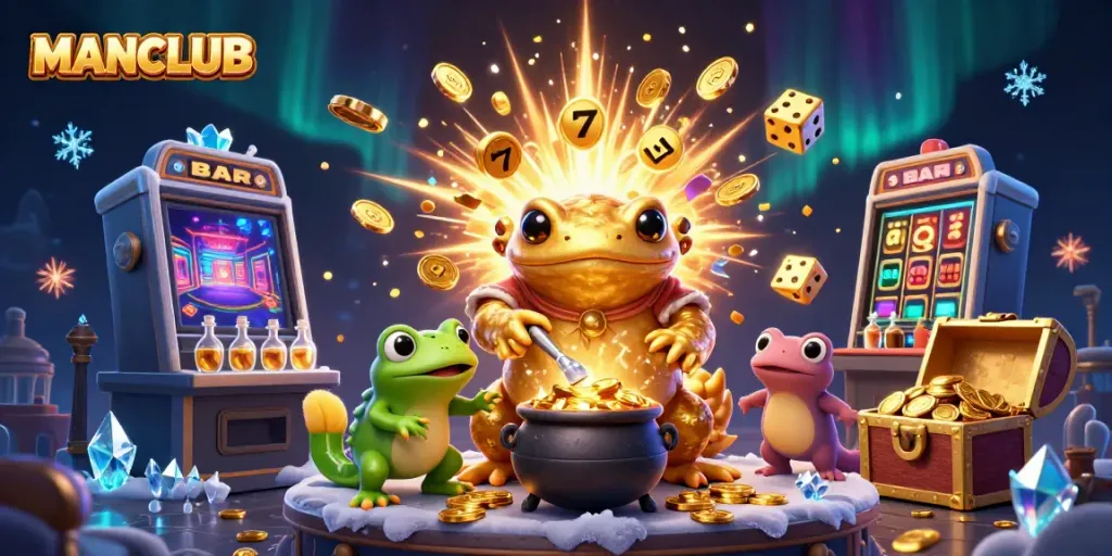 Engage with MANCLUB's dynamic gaming experience, featuring a golden salamander alchemist amid slot machines and confetti.