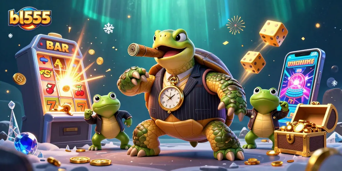 Win big at bl555 with thrilling 3D casino scene depicting a snapping turtle and bullfrogs among jackpot elements.