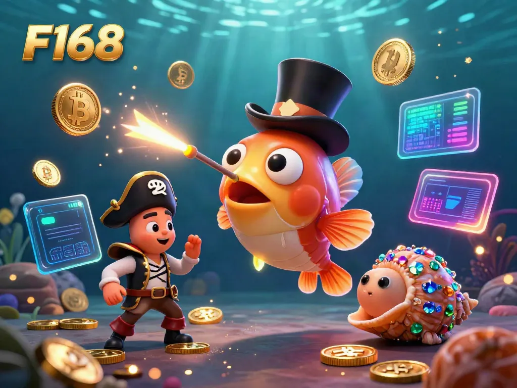 Experience the excitement of F168 with glowing coins and animated sea creatures in a dynamic underwater casino scene.