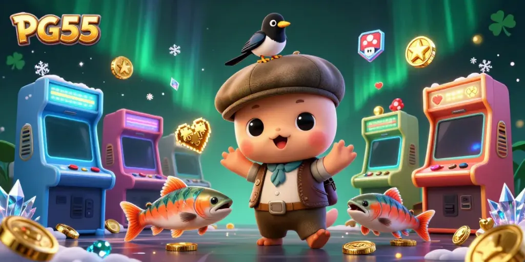 Engage in thrilling casino action with PG55, featuring 3D cartoon characters and vibrant gambling elements.